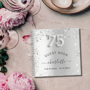 Guest book 75th birthday silver glitter name