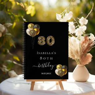 Guest book 80th birthday black gold leopard animal