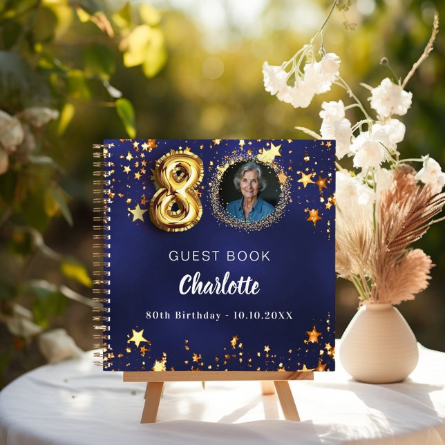 Guest book 80th birthday navy blue gold star photo (Creator Uploaded)