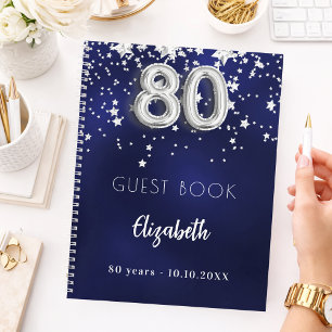 Guest book 80th birthday navy blue silver stars
