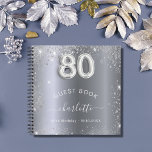 Guest book 80th birthday silver glitter name glam<br><div class="desc">A guestbook for a feminine and glamourous birthday party.  A stylish dark faux silver looking background with faux glitter,  sparkles. Add your name,  and text.  Age number is written with a balloon style font.</div>