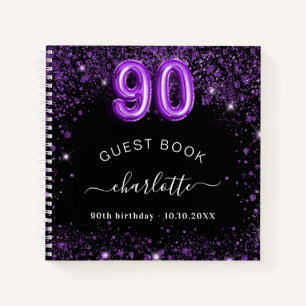 Guest book 90th birthday black purple glitter name