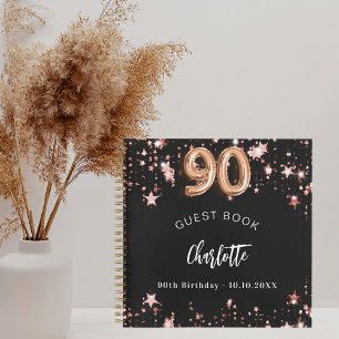Guest book 90th birthday black rose gold stars