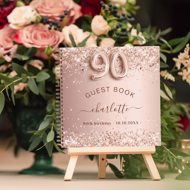 Guest book 90th birthday rose gold glitter blush (Creator Uploaded)