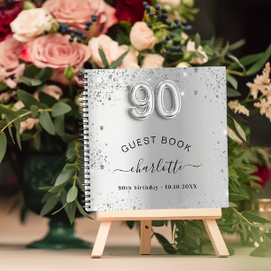 Guest book 90th birthday silver glitter name glam