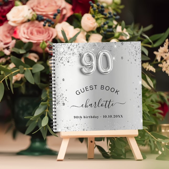 Guest book 90th birthday silver glitter name glam (Creator Uploaded)