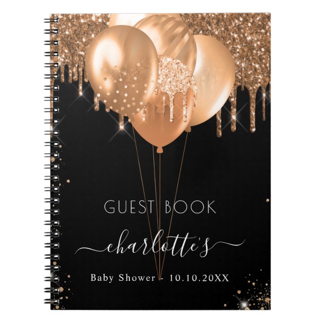 Guest book Baby Shower black gold balloons  (Front)