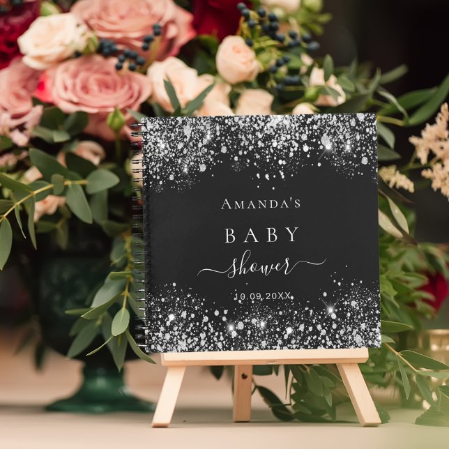 Guest book baby shower black silver glitter name (Creator Uploaded)