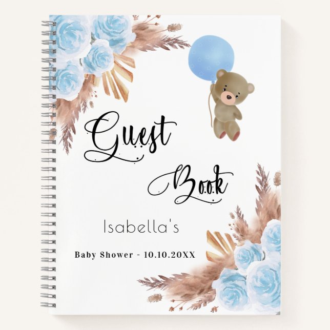 Guest book Baby Shower blue teddy pampas grass (Front)