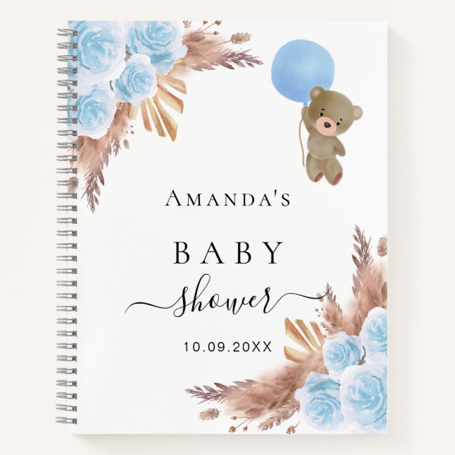 Guest book Baby Shower blue teddy pampas grass (Front)