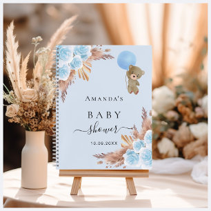 Guest book Baby Shower blue teddy pampas grass
