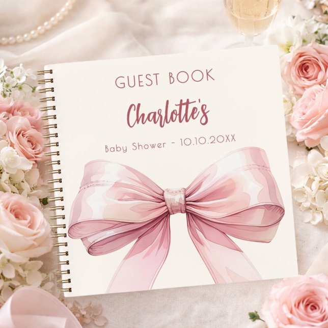 Guest book Baby Shower blush pink bow beige cream (Creator Uploaded)