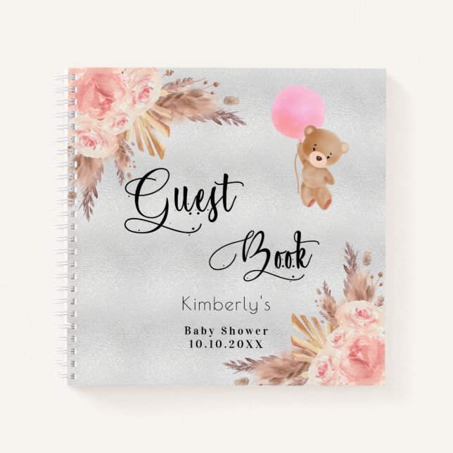 Guest book baby shower girl teddy pampas silver (Front)
