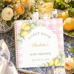 Guest book baby shower lemons pink gingham girl