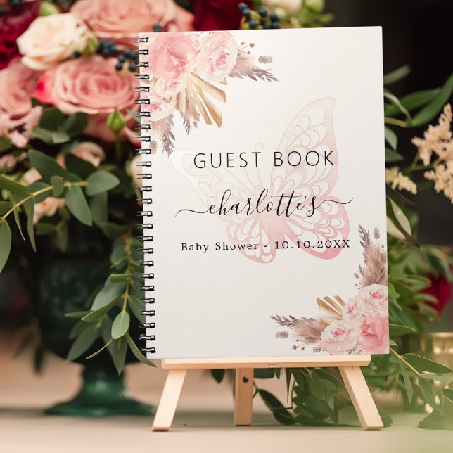Guest book Baby Shower pink beige butterfly boho (Creator Uploaded)