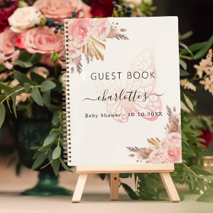 Guest book Baby Shower pink beige butterfly boho