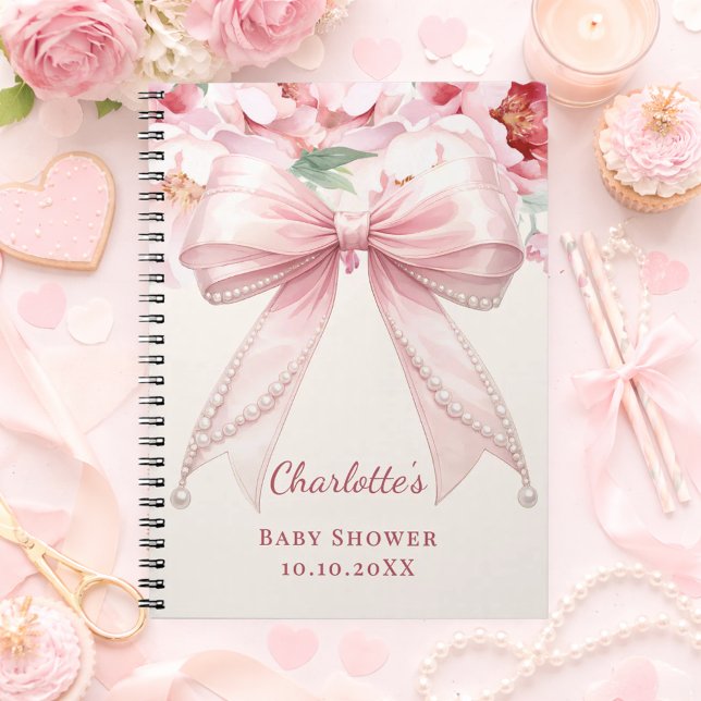 Guest book Baby Shower pink bow florals affordable (Creator Uploaded)
