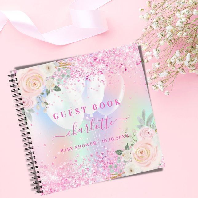 Guest book baby shower pink florals holographic (Creator Uploaded)