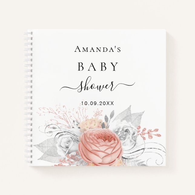 Guest book baby shower rose gold floral silver (Front)