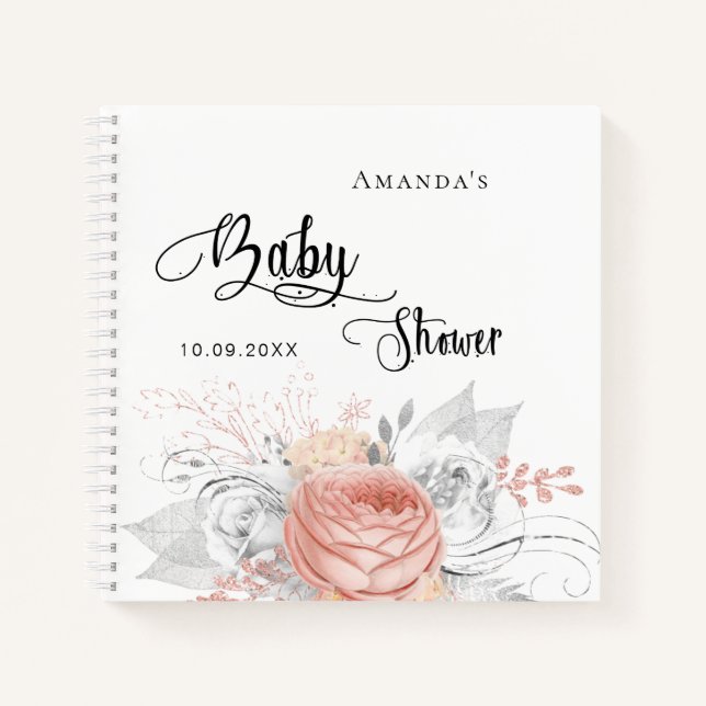 Guest book baby shower rose gold silver flowers (Front)