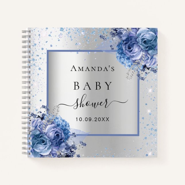 Guest book baby shower silver blue florals boy (Front)