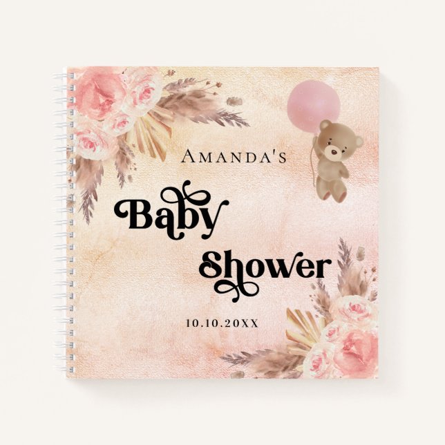 Guest book baby shower teddy pampas grass blush (Front)