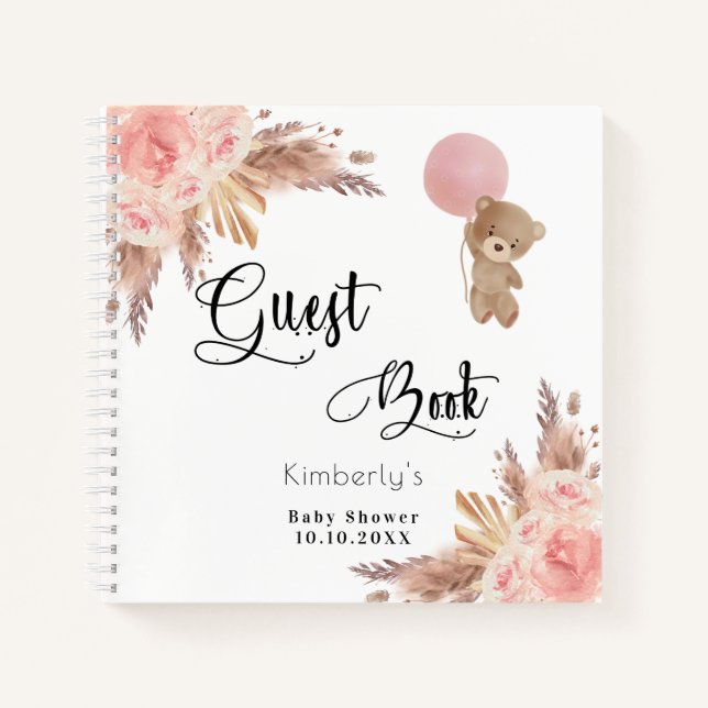 Guest book baby shower teddy pampas grass blush (Front)