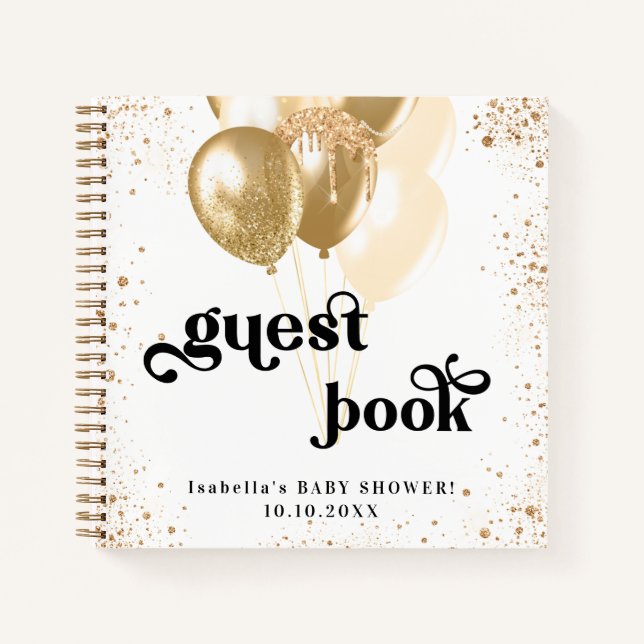 Guest book baby shower white gold balloons name (Front)