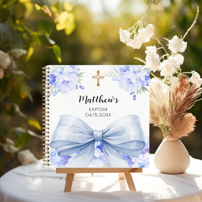 Guest book Baptism blue bow florals boy (Creator Uploaded)