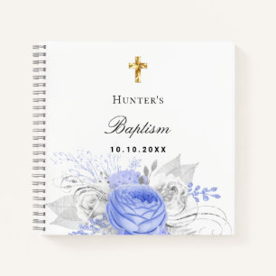 Guest book baptism blue boy florals cross elegant