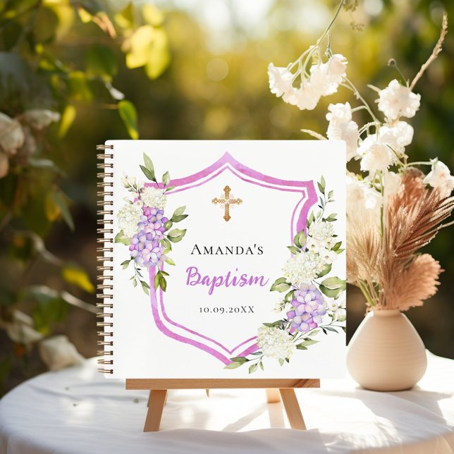 Guest book baptism crest pink purple flowers girl (Creator Uploaded)