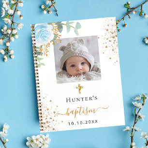 Guest book Baptism custom photo blue floral boy