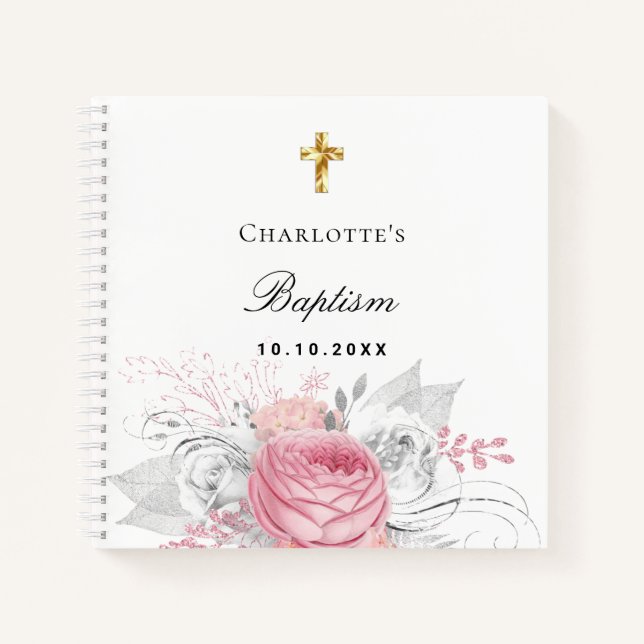 Guest book baptism pink baby girl florals white (Front)