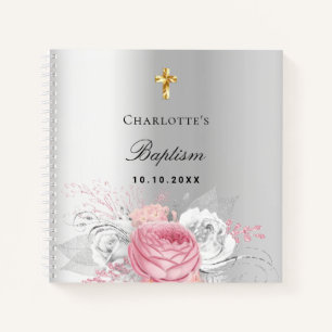 Guest book baptism pink girl florals silver