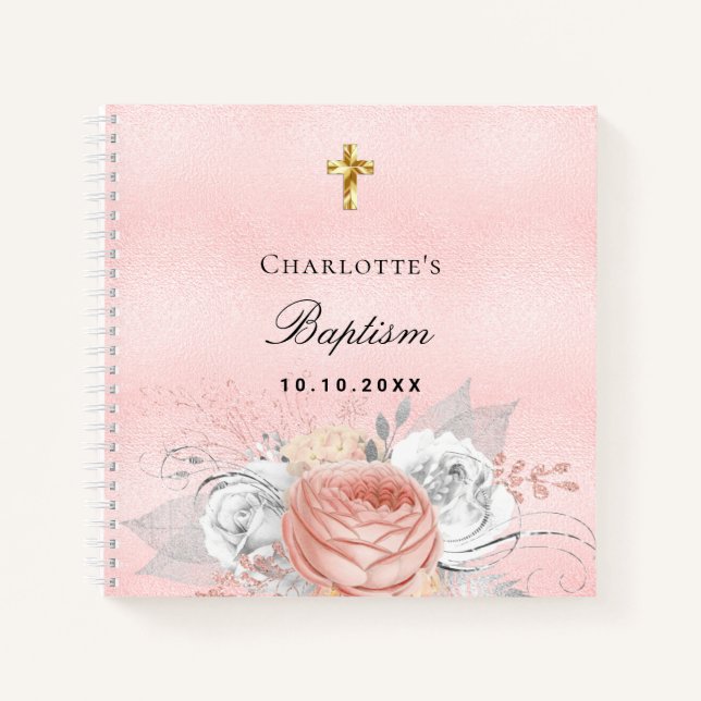 Guest book baptism pink rose gold florals silver (Front)
