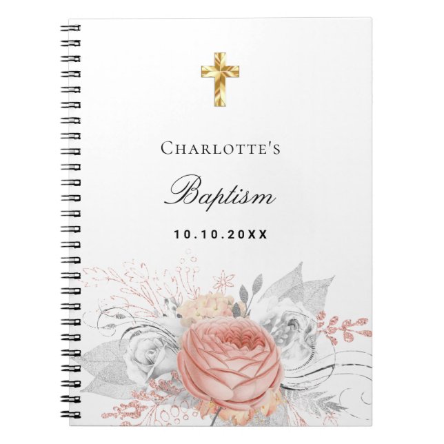 Guest book baptism rose gold florals silver (Front)