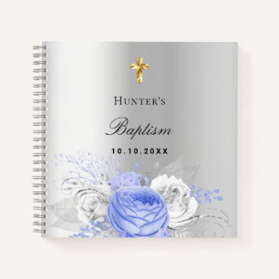 Guest book baptism silver blue boy florals