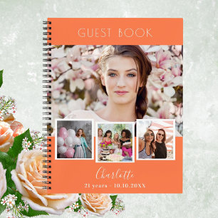 Guest book birthda coral orange photo collage