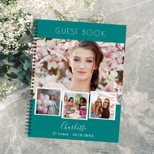 Guest book birthda teal green photo collage