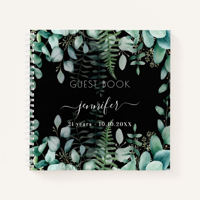Guest book birthday black eucalyptus woodland (Front)