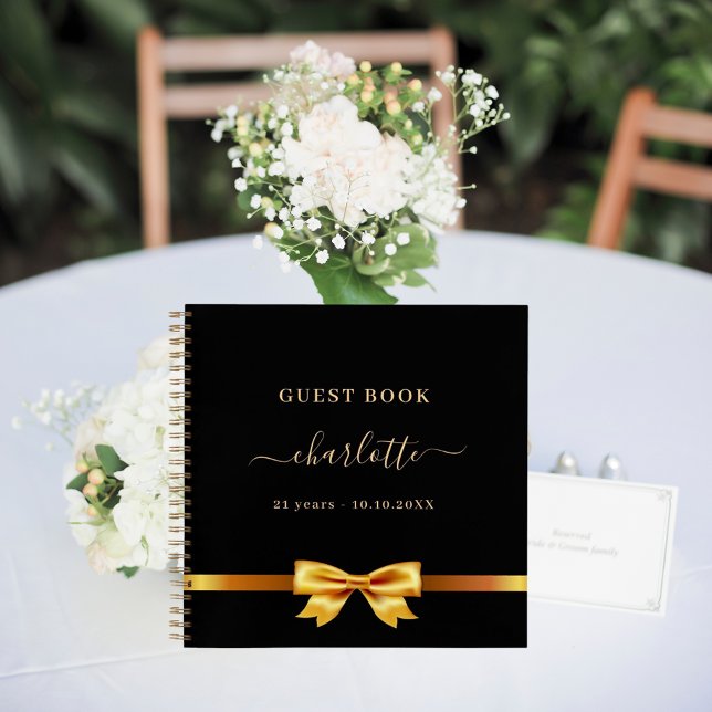 Guest book birthday black gold bow elegant (Creator Uploaded)