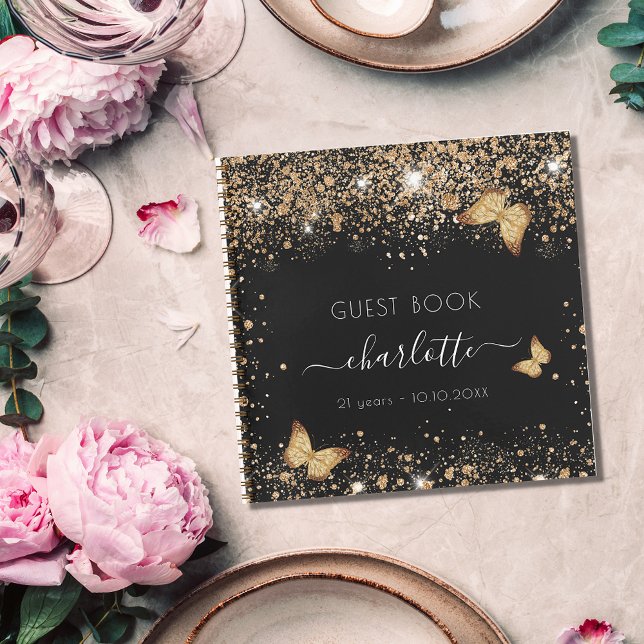Guest book birthday black gold glitter butterflies (Creator Uploaded)