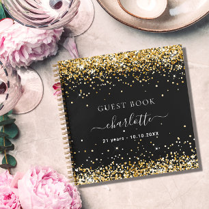 Guest book birthday black gold glitter dust name