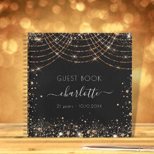 Guest book birthday black gold glitter monogram