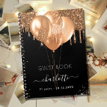 Guest book birthday black gold glitter name<br><div class="desc">A stylish black background with faux gold glitter drips and dust. Decorated with golden balloons. Personalise and add a name, age and a date. The name is written with a modern hand lettered style script with swashes. To keep the swashes only delete the sample name, leave the spaces or emoji's...</div>