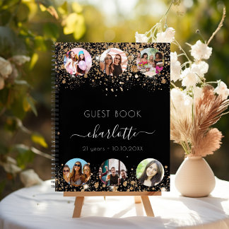 Guest book birthday black gold glitter name photo