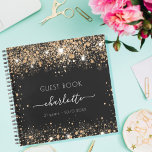 Guest book birthday black gold glitter name script<br><div class="desc">A guestbook for a feminine and glamourous 21st (or any age) birthday party.  A stylish black background with faux gold glitter dust. Add your name,  age 21/text.</div>