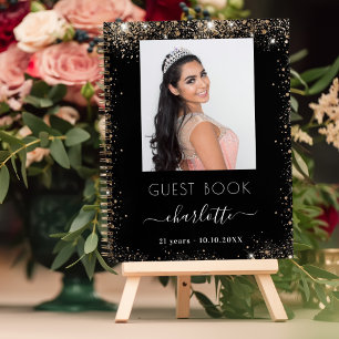Guest book birthday black gold glitter photo