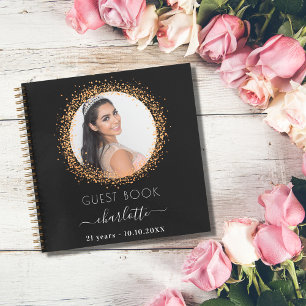 Guest book birthday black gold glitter photo