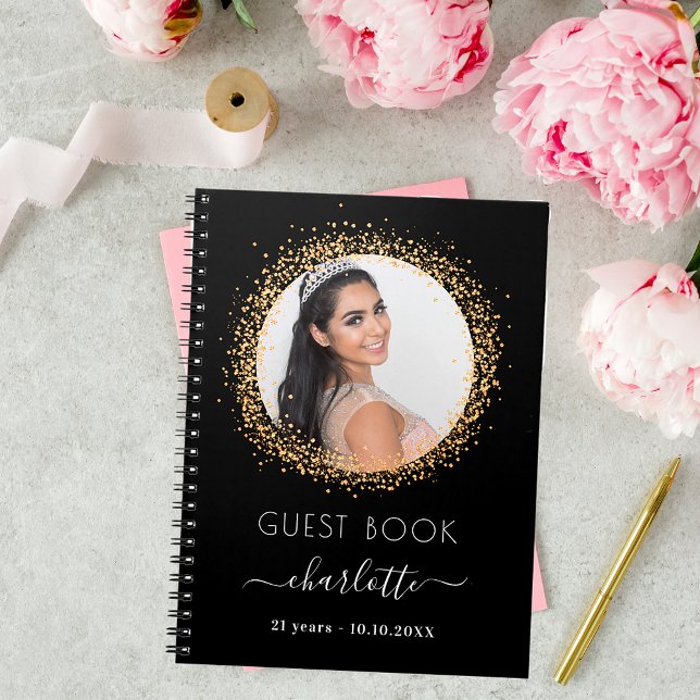 Guest book birthday black gold glitter photo (Creator Uploaded)